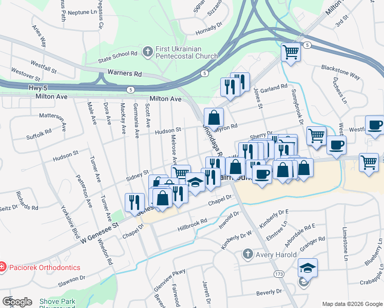 map of restaurants, bars, coffee shops, grocery stores, and more near 206 Sidney Street in Syracuse