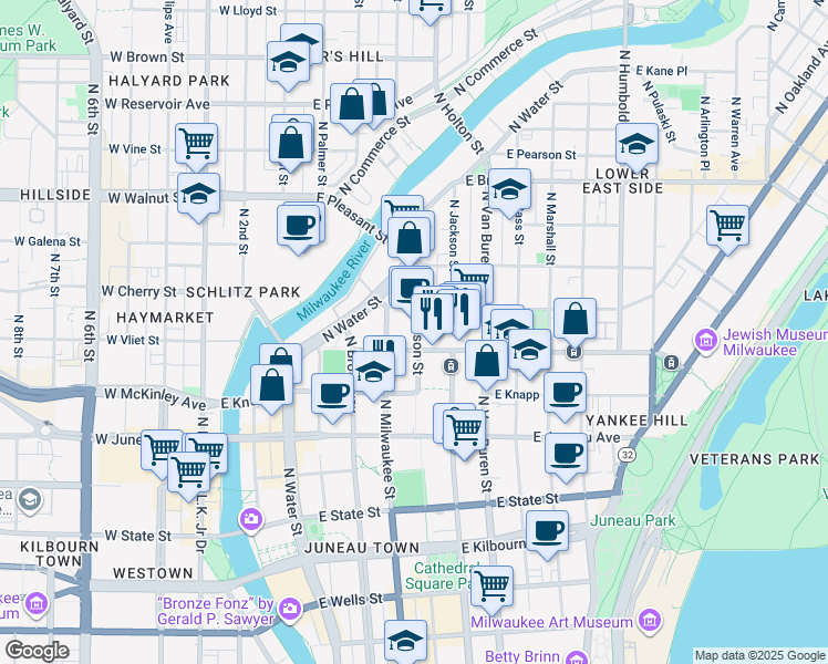 map of restaurants, bars, coffee shops, grocery stores, and more near 1425 North Jefferson Street in Milwaukee