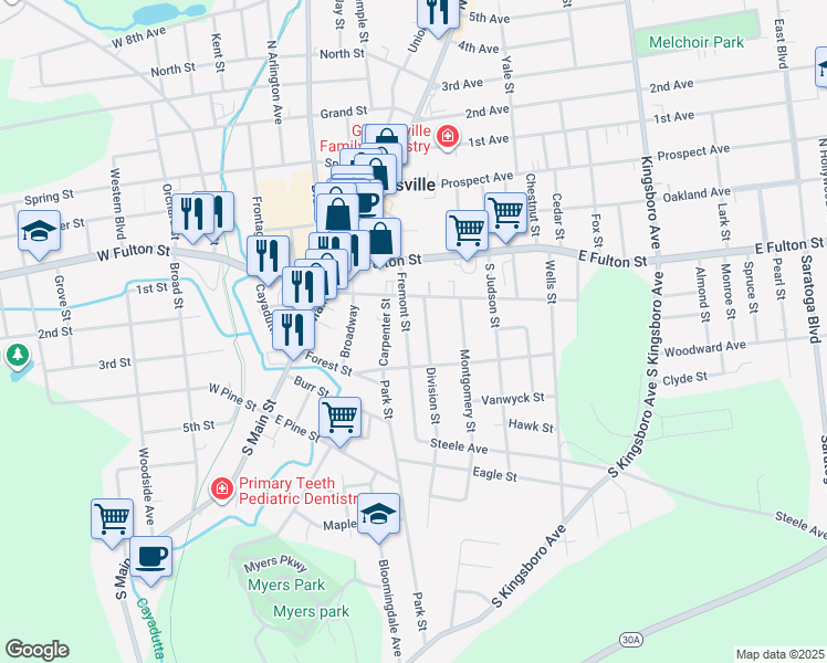 map of restaurants, bars, coffee shops, grocery stores, and more near 85 Fremont Street in Gloversville