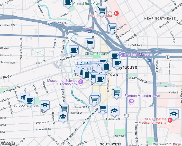 map of restaurants, bars, coffee shops, grocery stores, and more near in Syracuse