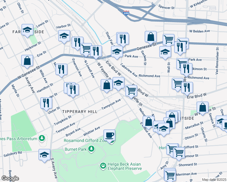 map of restaurants, bars, coffee shops, grocery stores, and more near 206 Tompkins Street in Syracuse