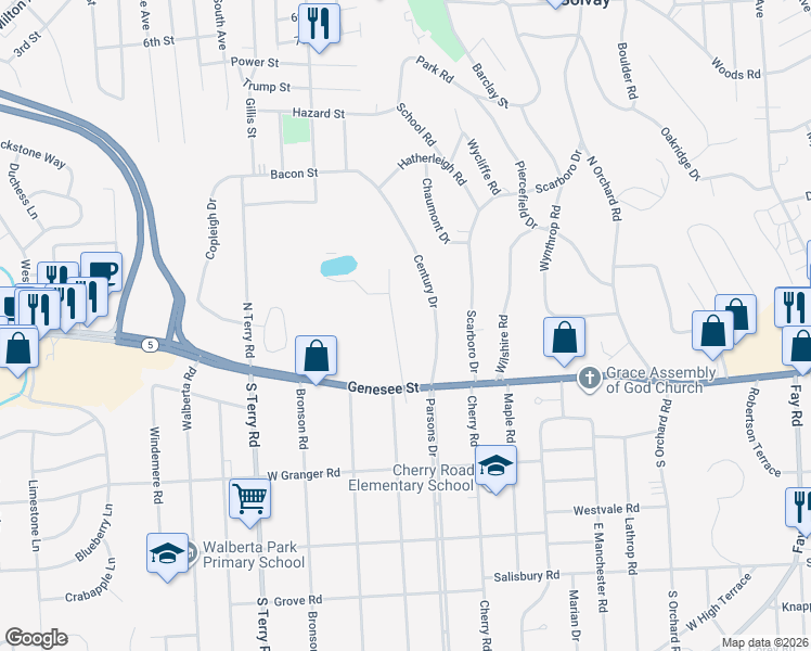 map of restaurants, bars, coffee shops, grocery stores, and more near 107 Southview Road in Syracuse