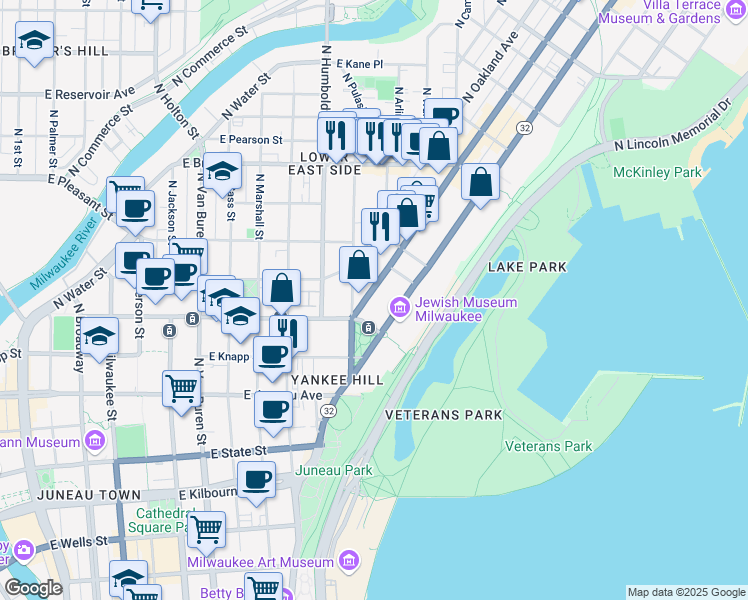 map of restaurants, bars, coffee shops, grocery stores, and more near 1417 North Prospect Avenue in Milwaukee