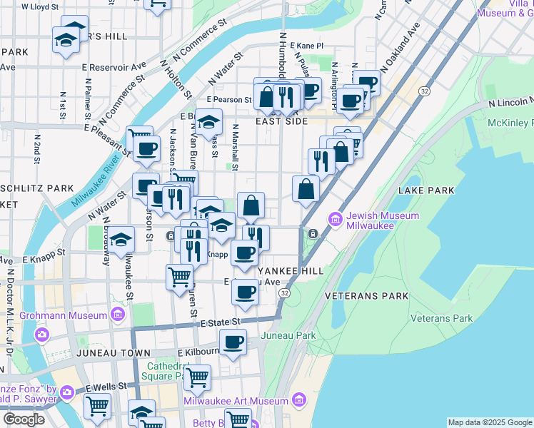 map of restaurants, bars, coffee shops, grocery stores, and more near 1034 East Ogden Avenue in Milwaukee