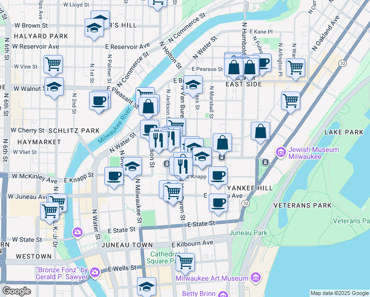 map of restaurants, bars, coffee shops, grocery stores, and more near 1416 North Van Buren Street in Milwaukee