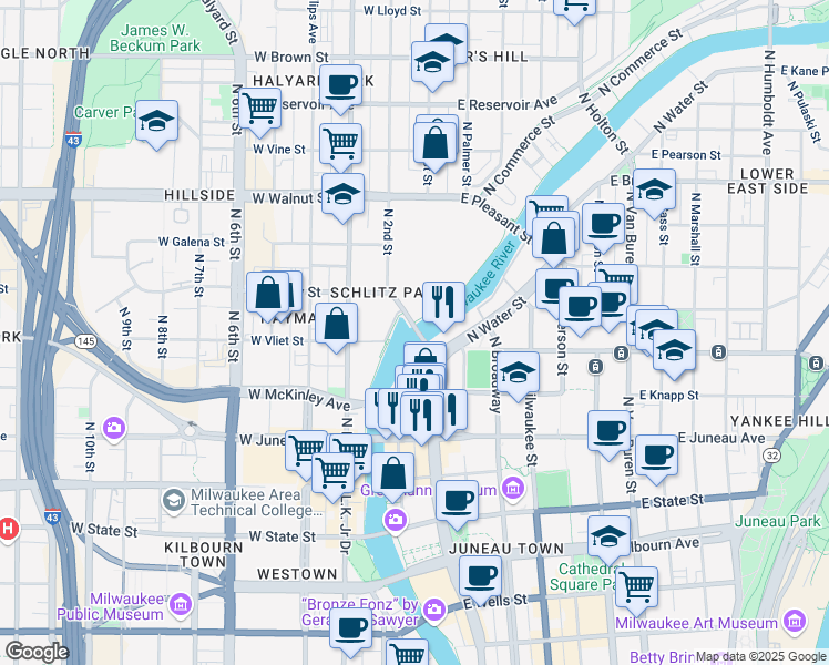 map of restaurants, bars, coffee shops, grocery stores, and more near 101 West Cherry Street in Milwaukee