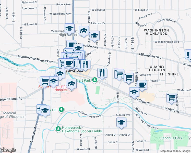 map of restaurants, bars, coffee shops, grocery stores, and more near 7300 West State Street in Wauwatosa