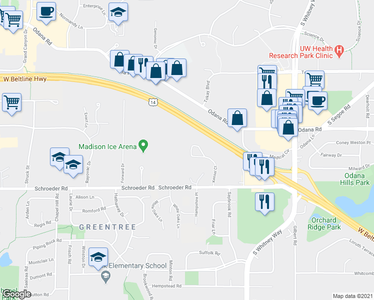 map of restaurants, bars, coffee shops, grocery stores, and more near 96 Kessel Court in Madison