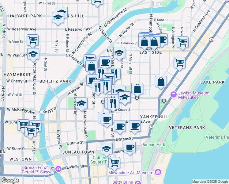 map of restaurants, bars, coffee shops, grocery stores, and more near 1416 North Van Buren Street in Milwaukee