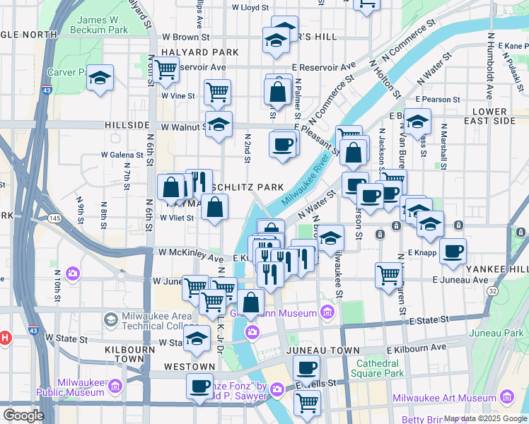 map of restaurants, bars, coffee shops, grocery stores, and more near 115 West Cherry Street in Milwaukee