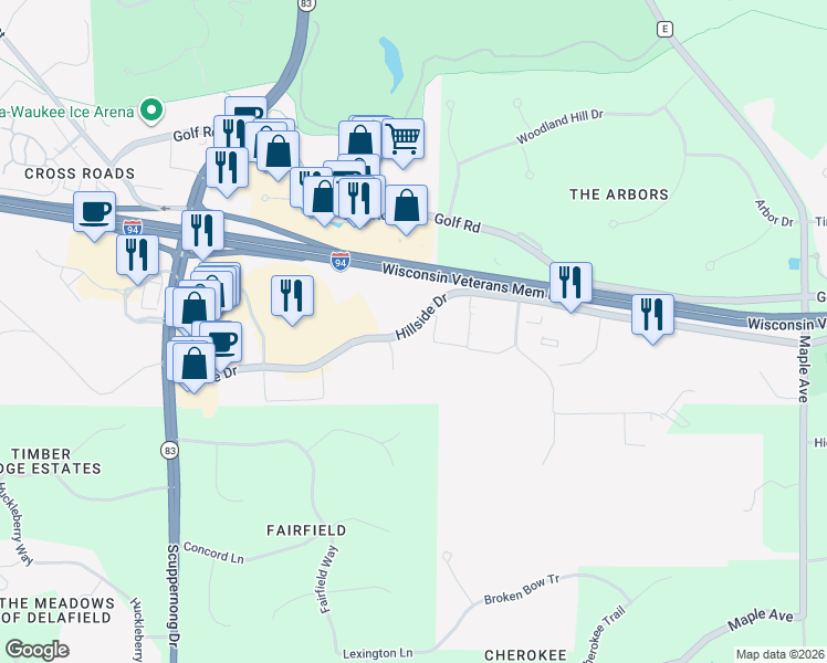 map of restaurants, bars, coffee shops, grocery stores, and more near 3322 Hillside Drive in Delafield