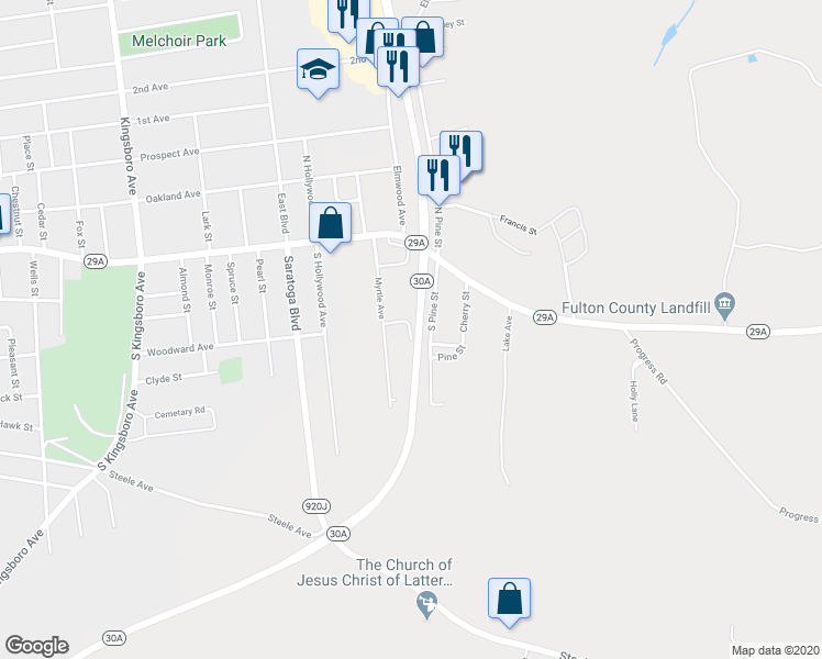 map of restaurants, bars, coffee shops, grocery stores, and more near Arlington Avenue in Gloversville