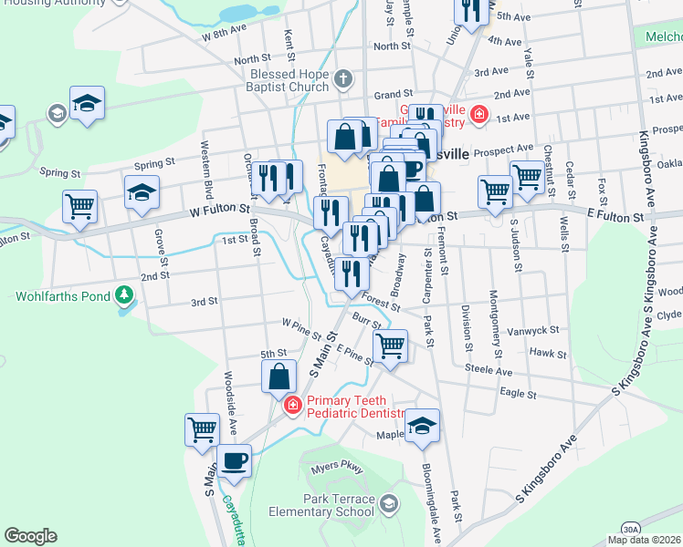 map of restaurants, bars, coffee shops, grocery stores, and more near 6 Vine Street in Gloversville