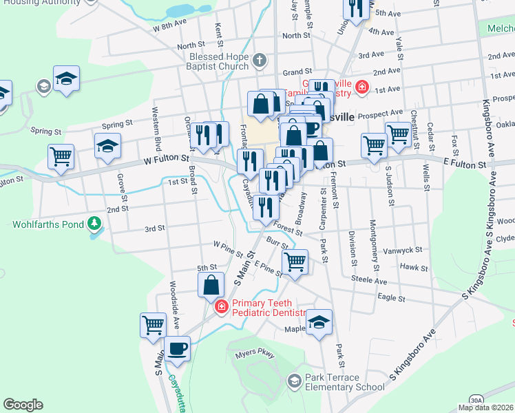 map of restaurants, bars, coffee shops, grocery stores, and more near 22 Cayadutta Street in Gloversville