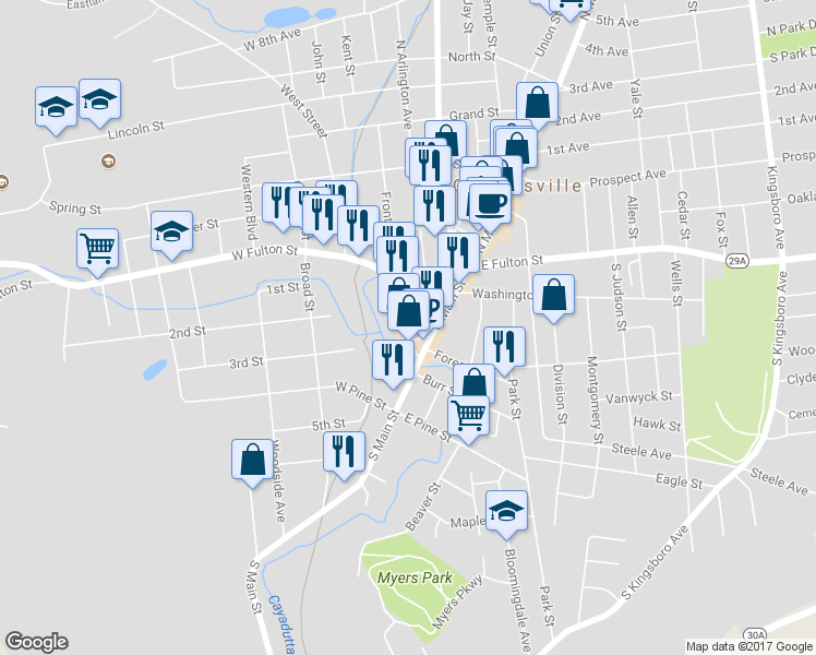 map of restaurants, bars, coffee shops, grocery stores, and more near 22 Cayadutta Street in Gloversville