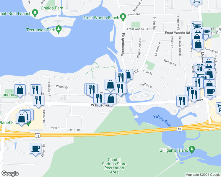 map of restaurants, bars, coffee shops, grocery stores, and more near 6439 Bridge Rd in Monona
