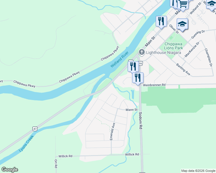 map of restaurants, bars, coffee shops, grocery stores, and more near 4470 Lyons Creek Road in Niagara Falls
