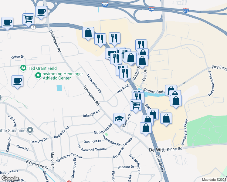 map of restaurants, bars, coffee shops, grocery stores, and more near 101 Clearview Road in Syracuse