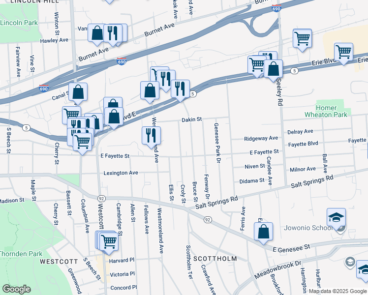 map of restaurants, bars, coffee shops, grocery stores, and more near 2121 East Fayette Street in Syracuse