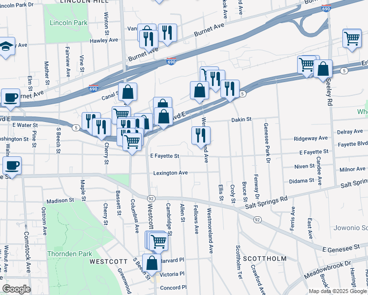 map of restaurants, bars, coffee shops, grocery stores, and more near 1939 East Fayette Street in Syracuse