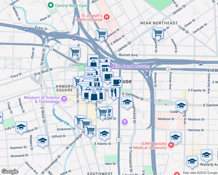 map of restaurants, bars, coffee shops, grocery stores, and more near 300 East Fayette Street in Syracuse