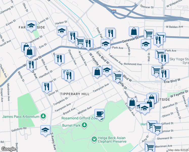 map of restaurants, bars, coffee shops, grocery stores, and more near 118-20 North Lowell Avenue in Syracuse