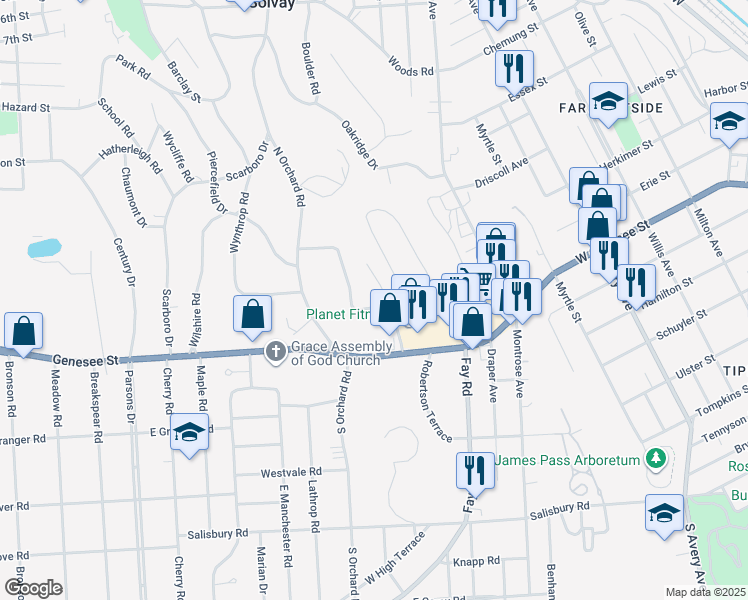 map of restaurants, bars, coffee shops, grocery stores, and more near 74 Hardwicke Drive in Syracuse