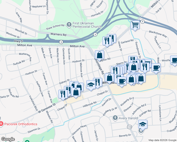 map of restaurants, bars, coffee shops, grocery stores, and more near 206 Sidney Street in Syracuse