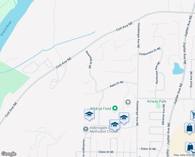 map of restaurants, bars, coffee shops, grocery stores, and more near 4710 Roaming Drive Northeast in Grand Rapids
