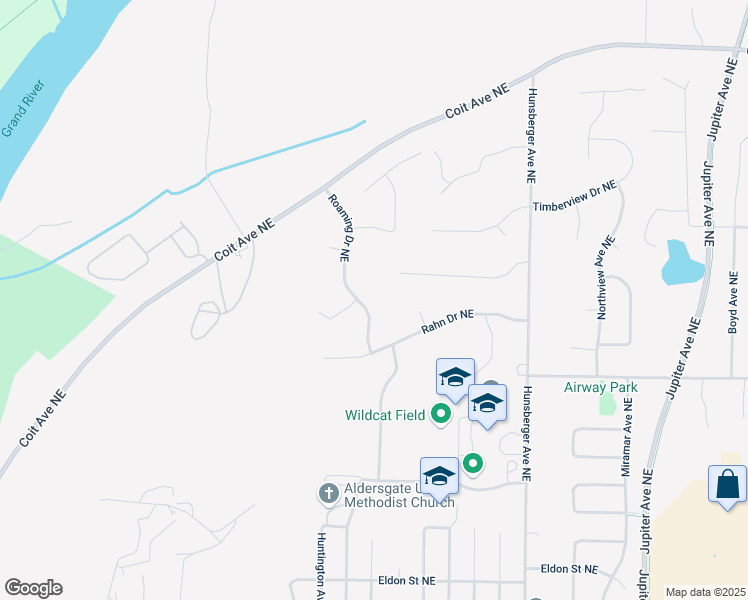 map of restaurants, bars, coffee shops, grocery stores, and more near 4710 Roaming Drive Northeast in Grand Rapids
