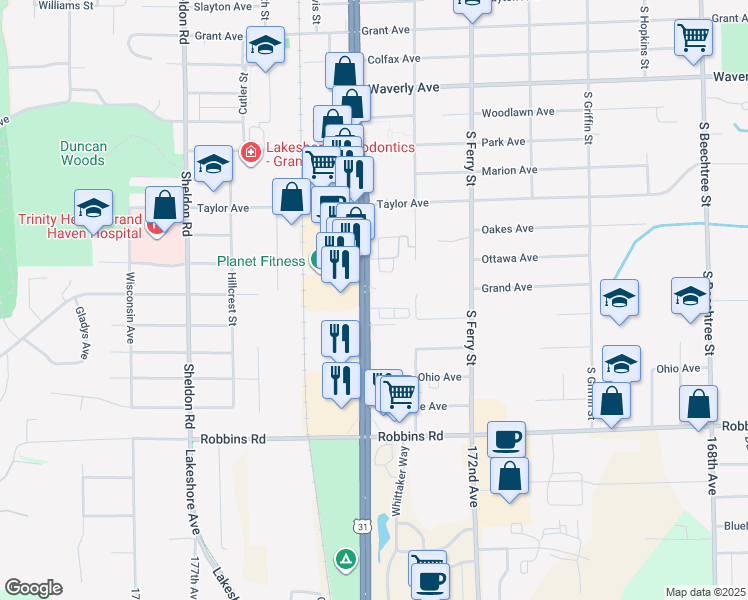 map of restaurants, bars, coffee shops, grocery stores, and more near 1518-1698 S Beacon Blvd in Grand Haven