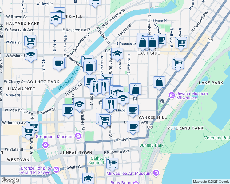 map of restaurants, bars, coffee shops, grocery stores, and more near 1416 North Van Buren Street in Milwaukee