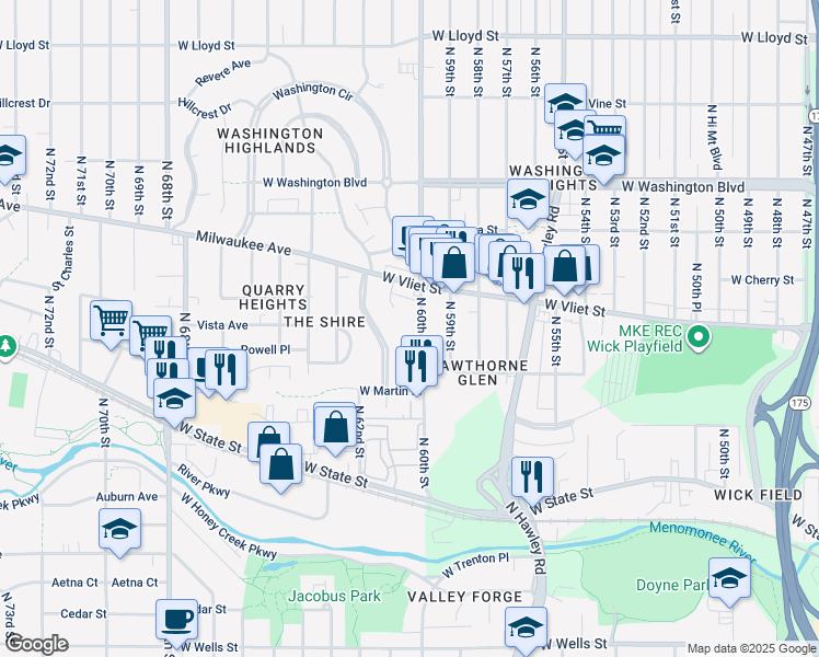 map of restaurants, bars, coffee shops, grocery stores, and more near 1302 Martha Washington Drive in Wauwatosa