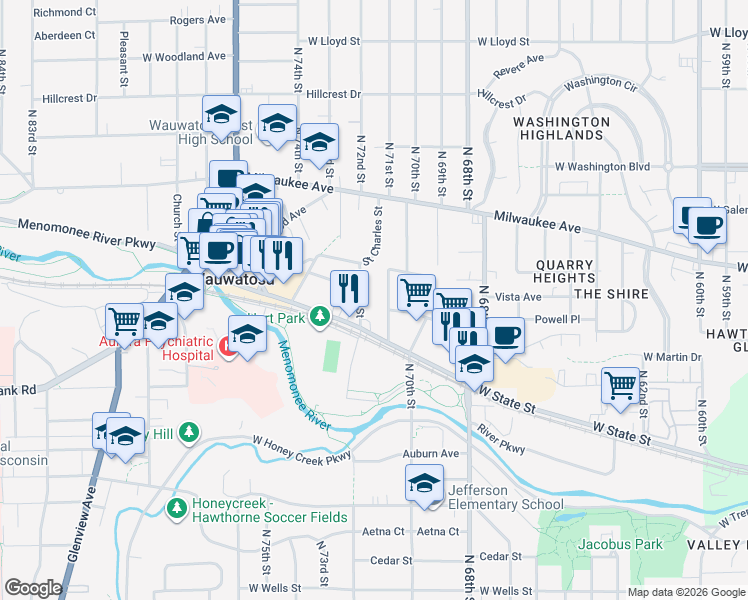 map of restaurants, bars, coffee shops, grocery stores, and more near in Wauwatosa