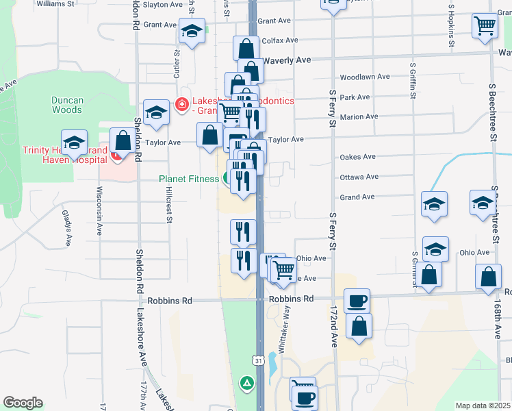 map of restaurants, bars, coffee shops, grocery stores, and more near 1518 South Beacon Boulevard in Grand Haven
