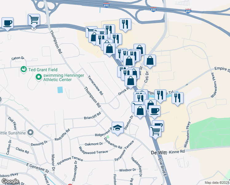 map of restaurants, bars, coffee shops, grocery stores, and more near 101 Clearview Road in Syracuse