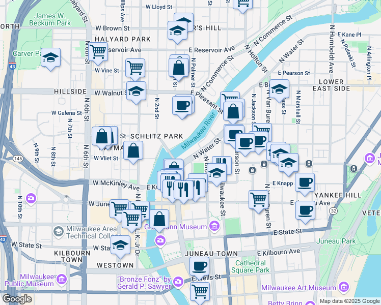 map of restaurants, bars, coffee shops, grocery stores, and more near 1421 North Water Street in Milwaukee