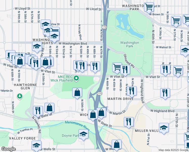 map of restaurants, bars, coffee shops, grocery stores, and more near N 48th St & W Vliet St in Milwaukee