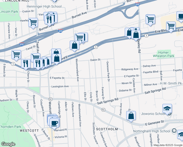 map of restaurants, bars, coffee shops, grocery stores, and more near 171 Croly Street in Syracuse