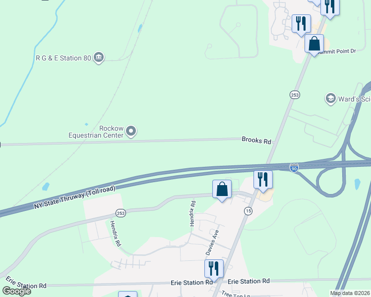 map of restaurants, bars, coffee shops, grocery stores, and more near 643 Brooks Road in West Henrietta