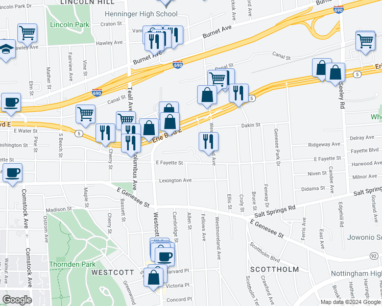 map of restaurants, bars, coffee shops, grocery stores, and more near 1901 East Fayette Street in Syracuse