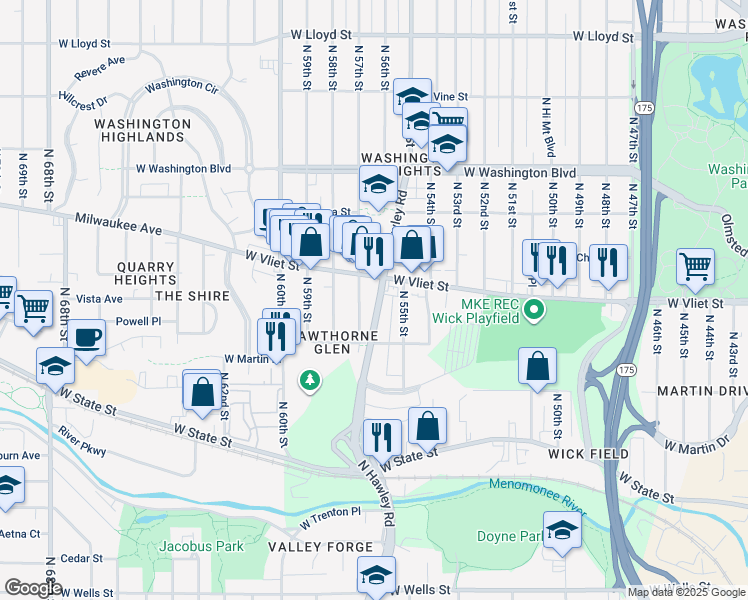 map of restaurants, bars, coffee shops, grocery stores, and more near 1363 North Hawley Road in Milwaukee