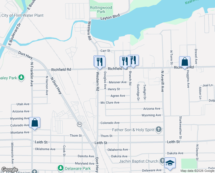map of restaurants, bars, coffee shops, grocery stores, and more near 2918 Henry Street in Flint