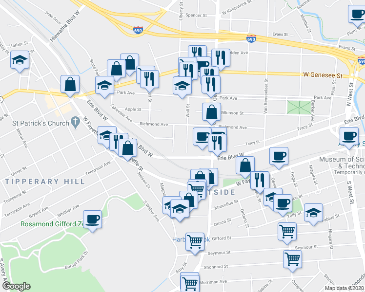 map of restaurants, bars, coffee shops, grocery stores, and more near 111 Wall Street in Syracuse
