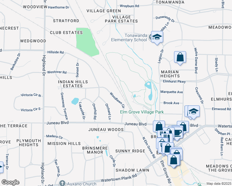 map of restaurants, bars, coffee shops, grocery stores, and more near in Elm Grove