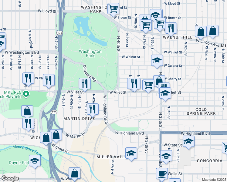 map of restaurants, bars, coffee shops, grocery stores, and more near N 40th St & W Vliet St in Milwaukee
