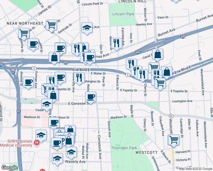 map of restaurants, bars, coffee shops, grocery stores, and more near in Syracuse