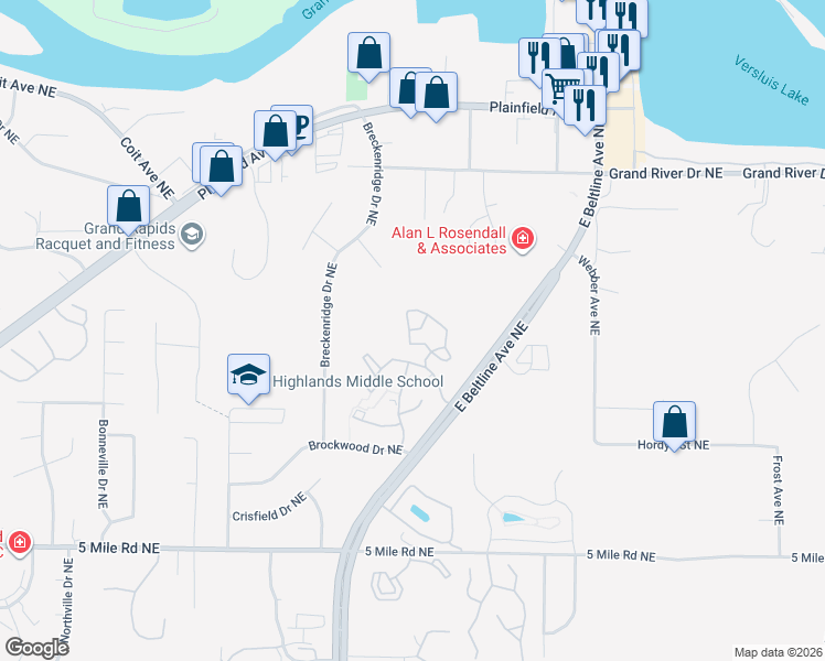map of restaurants, bars, coffee shops, grocery stores, and more near 3330 Devonwood Drive Northeast in Grand Rapids