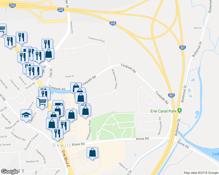 map of restaurants, bars, coffee shops, grocery stores, and more near 5793 Widewaters Parkway in Syracuse