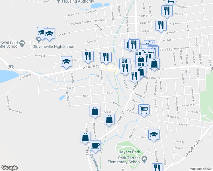 map of restaurants, bars, coffee shops, grocery stores, and more near 103 Broad Street in Gloversville